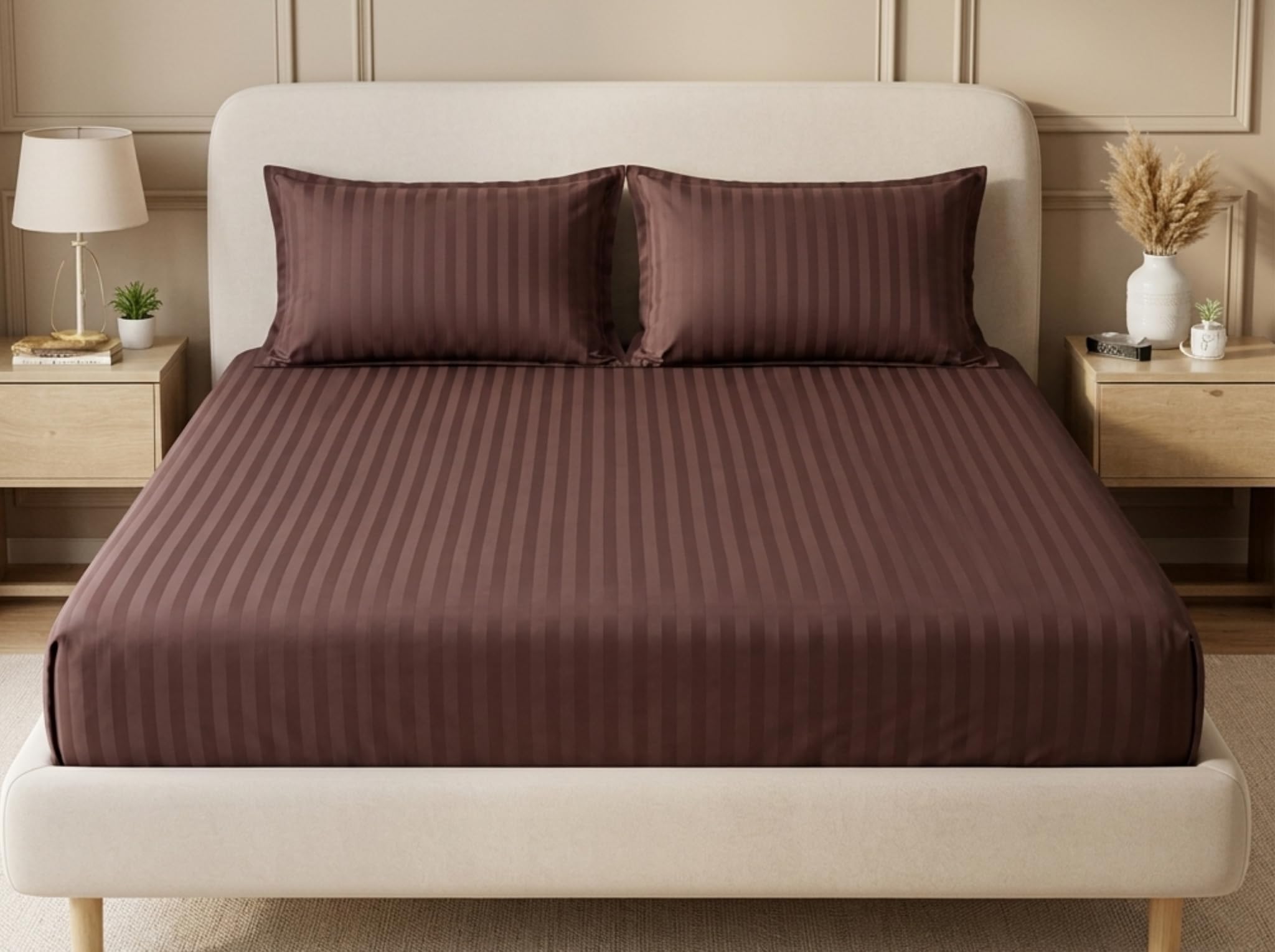 Elegance King Size 360° Fitted (72X78 + 9 inches) Elasticated Bedsheet | Elegant Satin Stripes | No-Slip Design | Snug, Secure Grip | Fits Upto 8 Inch Mattress | 200 TC (Brown)-image-28