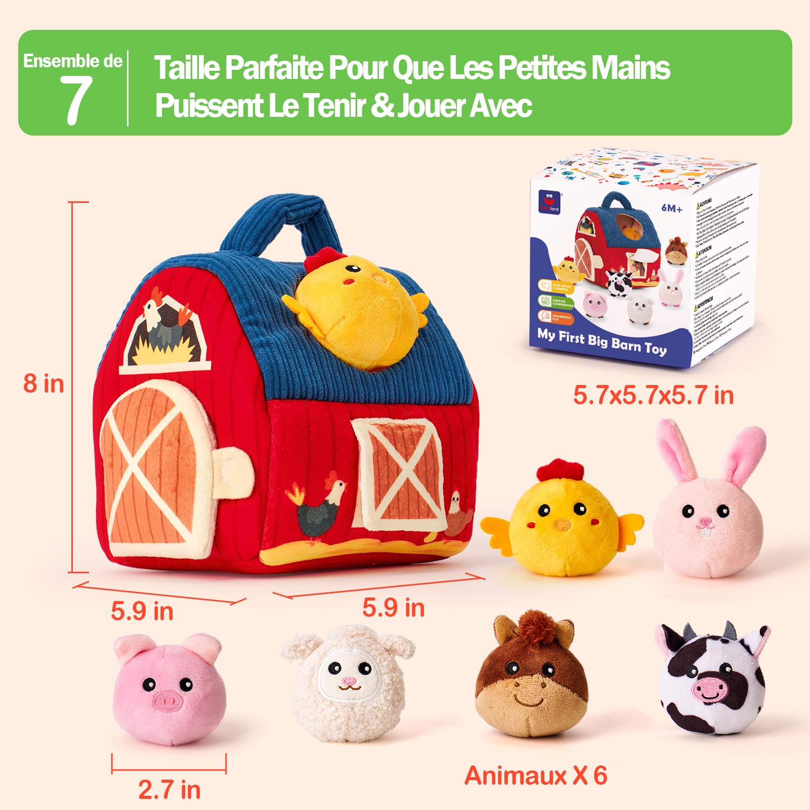 Hahaland Jouet Bébé Animaux de la Ferme en Peluche, Jeux Montessori avec Grange, Hochets, Miroirs Jouet Sensoriel Bébé 0-6 Mois, Cadeau Bébé Enfant 3-6-9 Mois Garçon Fille