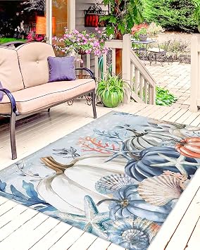 Outdoor Rug 4 x 6, Pumpkin Starfish Large Area Rugs for Patio/RV/Deck/Porch/Indoors, Blue Thanksgiving Coastal Autumn Water Absorption Camping Rug Carpet, Lightweight Washable Rug Runners
