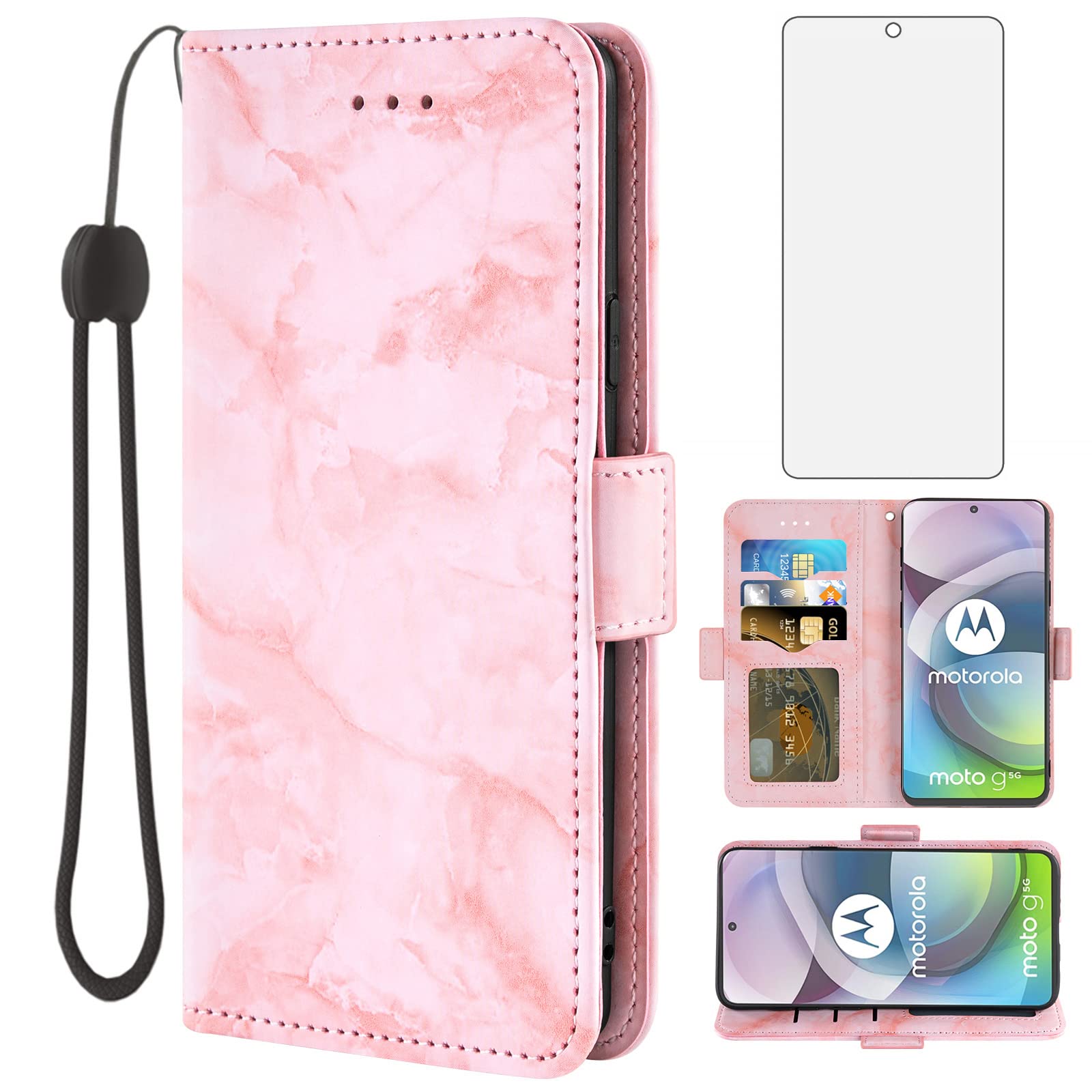 Asuwish Compatible with Moto One 5G Ace/Motorola G G5 2021 Case and Tempered Glass Screen Protector Card Holder Slot Kickstand Flip Marble Wallet Phone Cover for MotoOne 1 One5G UW Ace XT2113-3 Pink