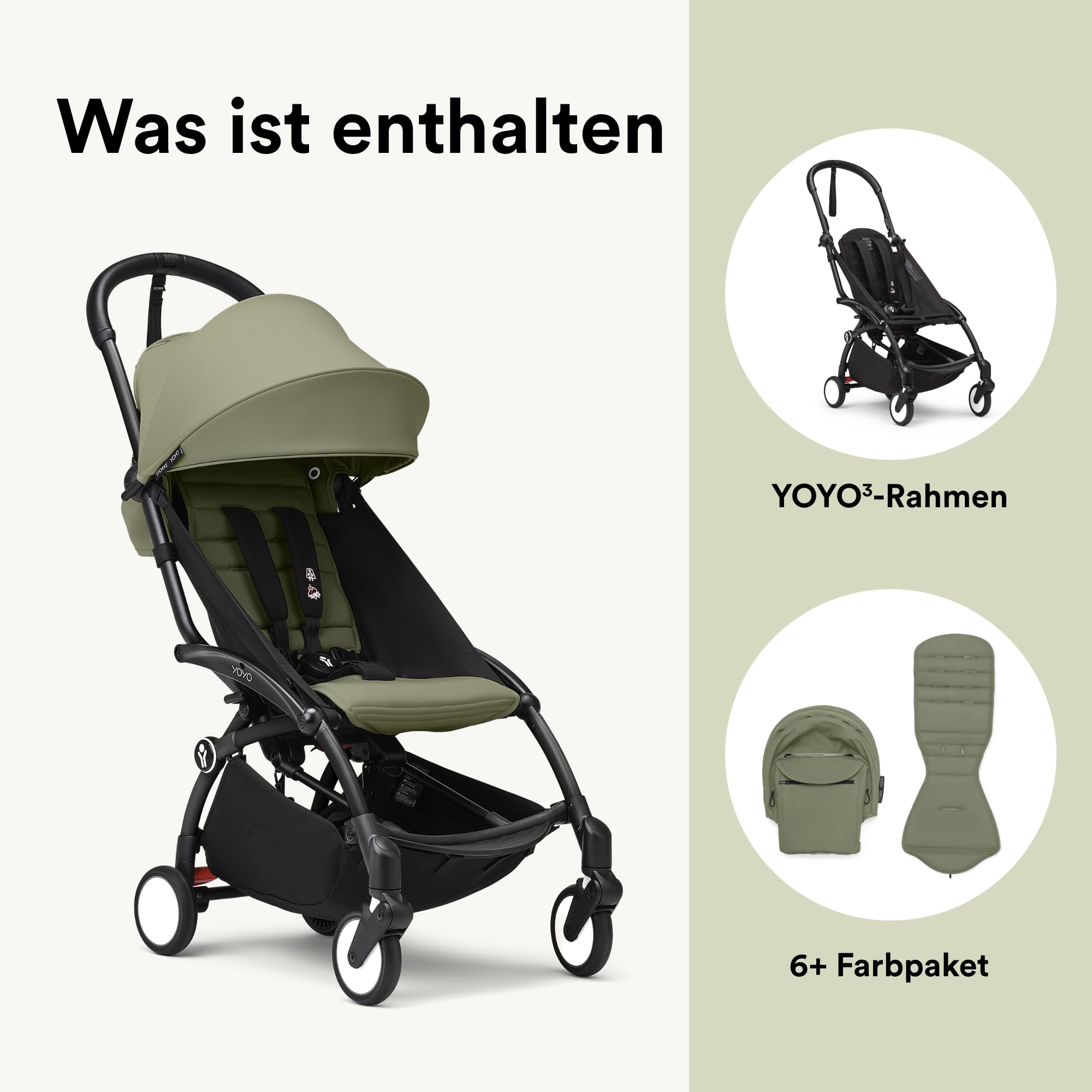 Stokke YOYO3 Kinderwagen ab 6 Monaten inklusive schwarzem Rahmen, Olive Sitzkissen + Verdeck