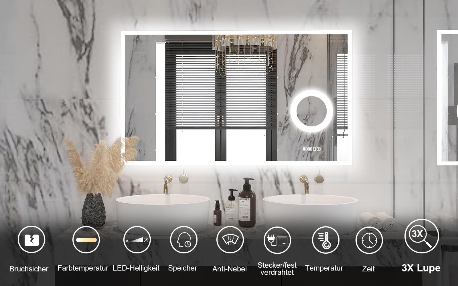 furduzz Espejo de baño LED con 3 aumentos, 800 x 600 mm, espejo de pared con iluminación, regulable, reloj digital, temperatura, 3 colores, antivaho, función de memoria, espejo de maquillaje iluminado