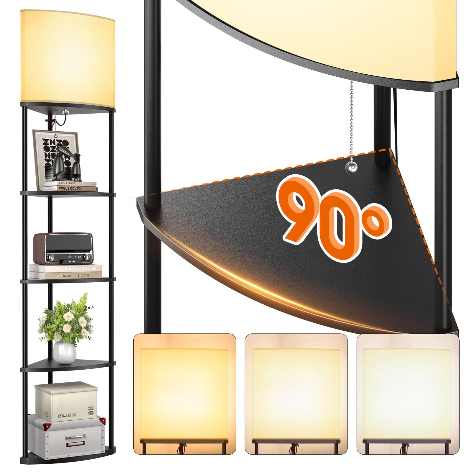 addlon Floor Lamp with Shelves, 5-Tier Adjustable Corner Lamp with 3 Color Temperatures & Linen Shade, Modern Floor Lamps for Living Room, Home Office & Bedroom (E26 LED Bulb Included, 800lm) - Black