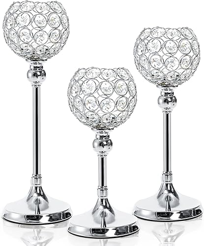 Juego de 3 candelabros de cristal plateados, candelabros de metal para centros de mesa, alto y elegante cuenco para copas de velas para boda,