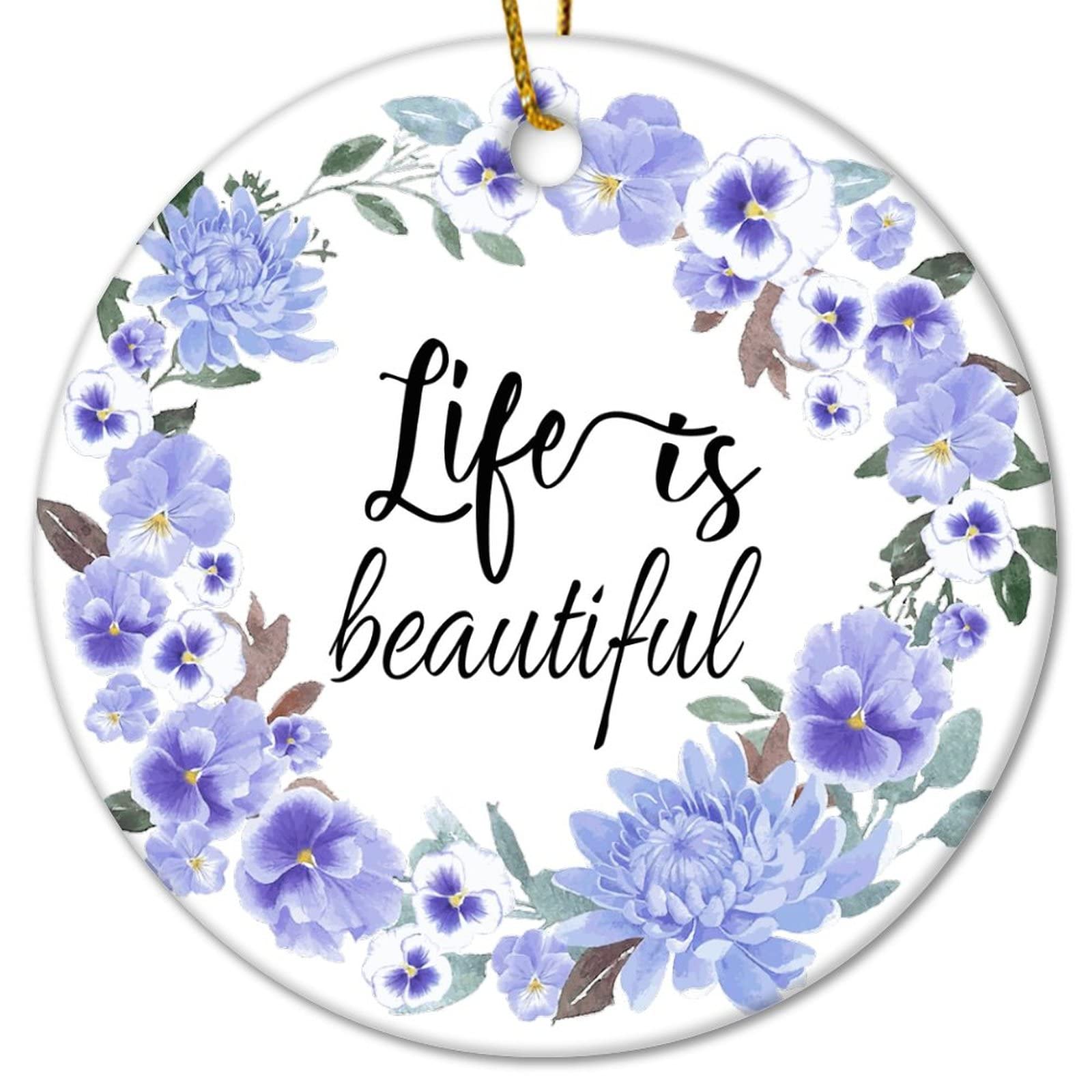 Adorno de cerámica de Navidad Life Is Beautiful, corona de flores, adornos de sublimación de Navidad, corona de Navidad personalizada, vintage, feliz y brillante, adornos de Navidad para familiares,