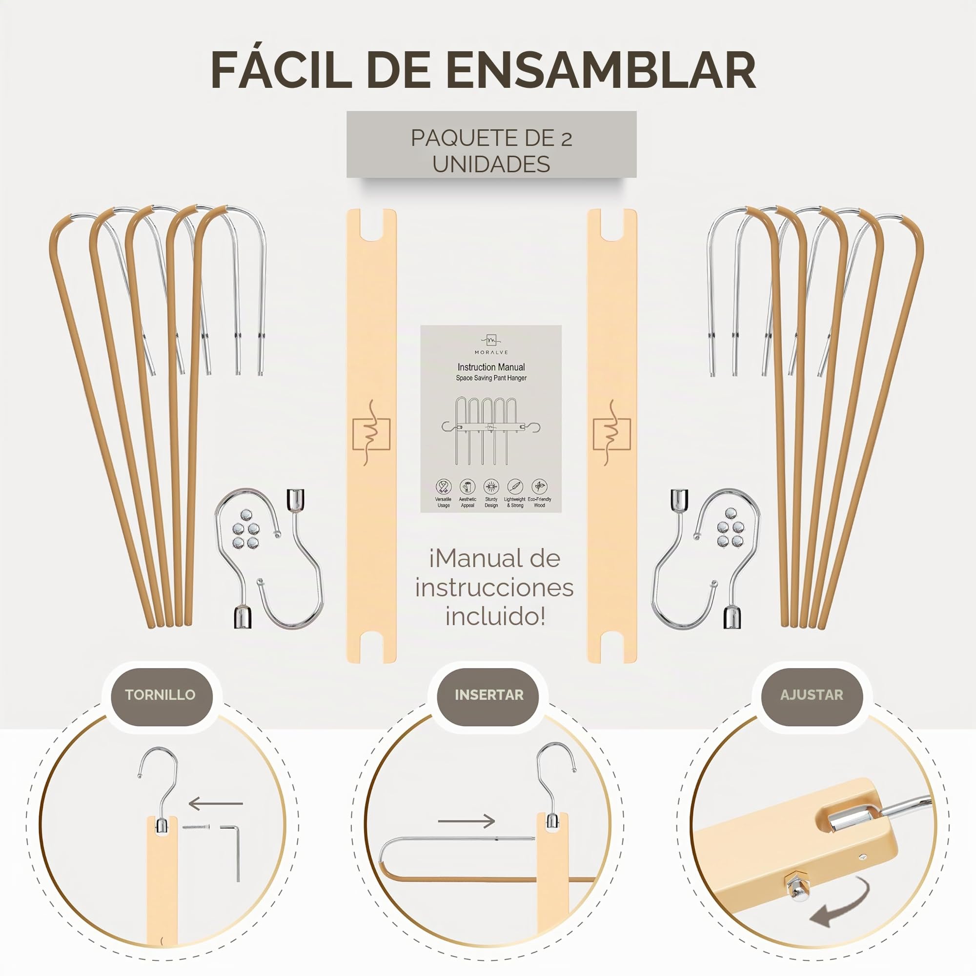 MORALVE - Paquete de 2 perchas para pantalones de madera de haya europea - Ahorrador de espacio para vaqueros y bufandas - Organizador de armario y portapantalones, porta leggings y porta bufanda con