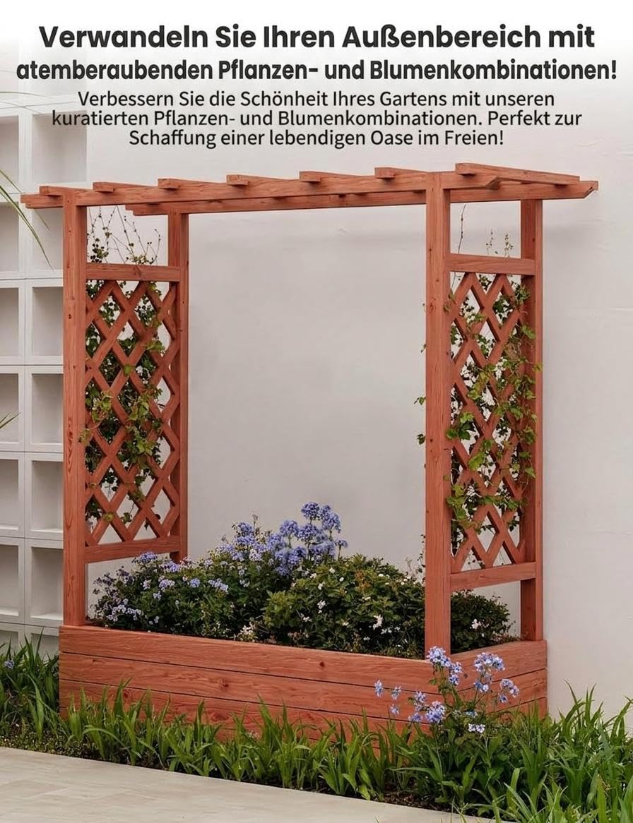 Acekool Hochbeet Mit Rankgitter & Dach, Für Kletterpflanzen & Weinreben | Blumenkasten Mit Spalier & 4 Abflusslöchern, Pflanzkasten Aus Holz, Vertikaler Pflanzer