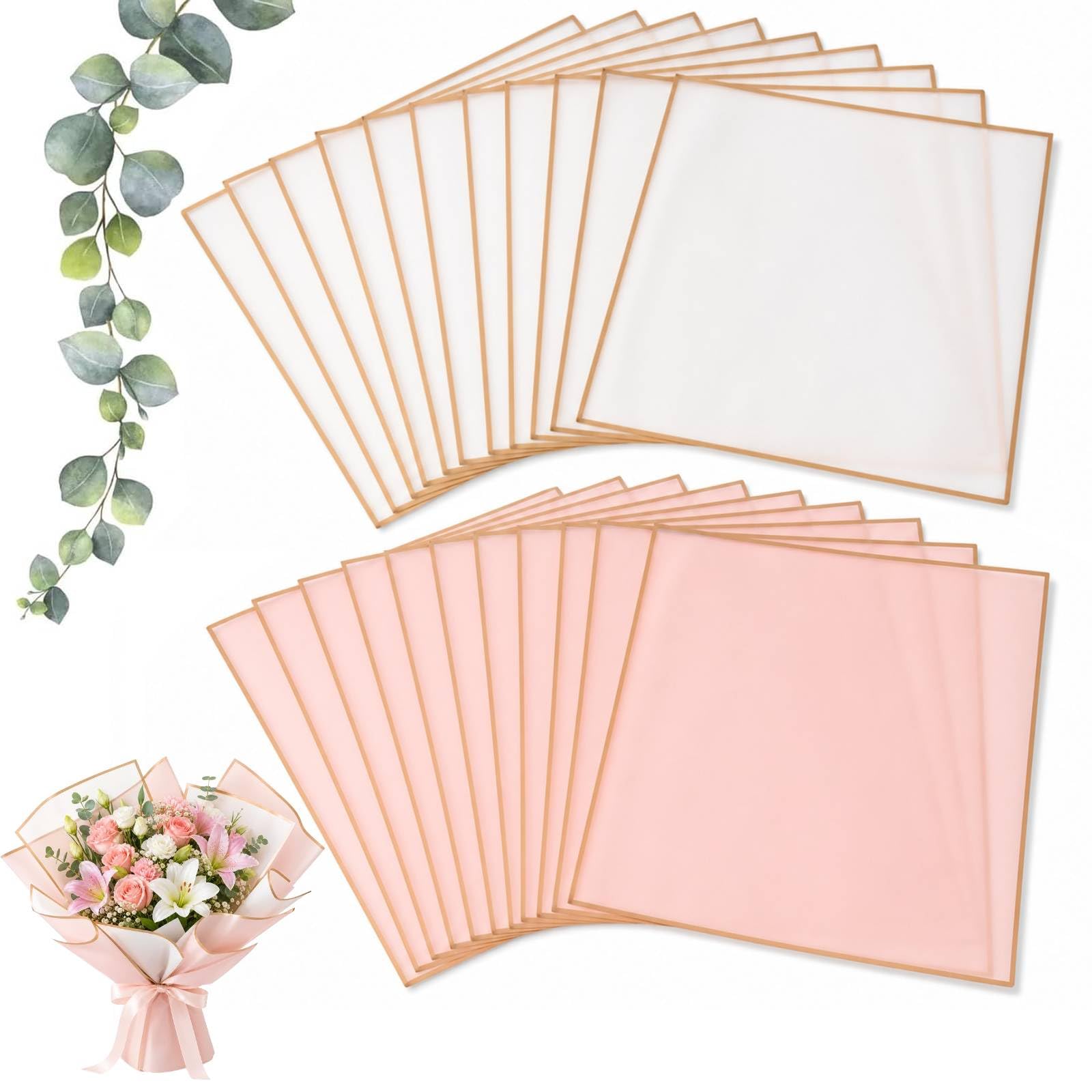 OMBRISA Flower Wrapping Paper 20 Sheets, Bouquet Wrapping Paper with Gold Border, Waterproof Korean Florist Bouquet Paper, Packaging Paper for DIY Crafts Flowers Shop Bouquet Packaging(White & Pink)