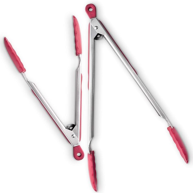 DI ORO® Kitchen Tong Set Stainless Steel with Non-Stick 250°C Heat-Resistant Silicone Tips Great Tool for Cooking, Serving, and Barbecuing - Dishwasher Safe (2-Piece Set Red)