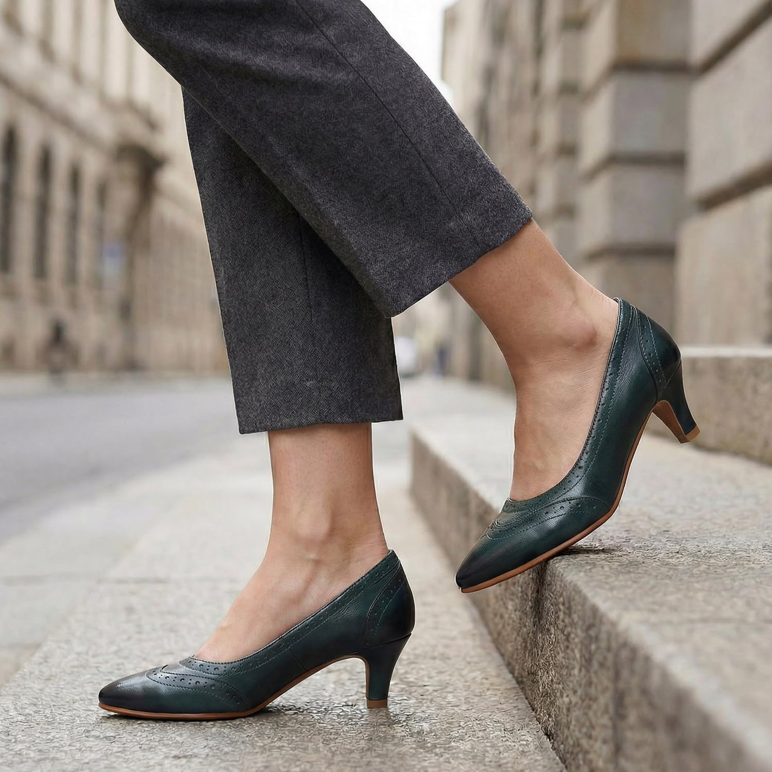 Mona flying Women's Leather Pointed Toe Vintage Brogue Pumps Slip On Mid Heels Dress Shoes for Ladies