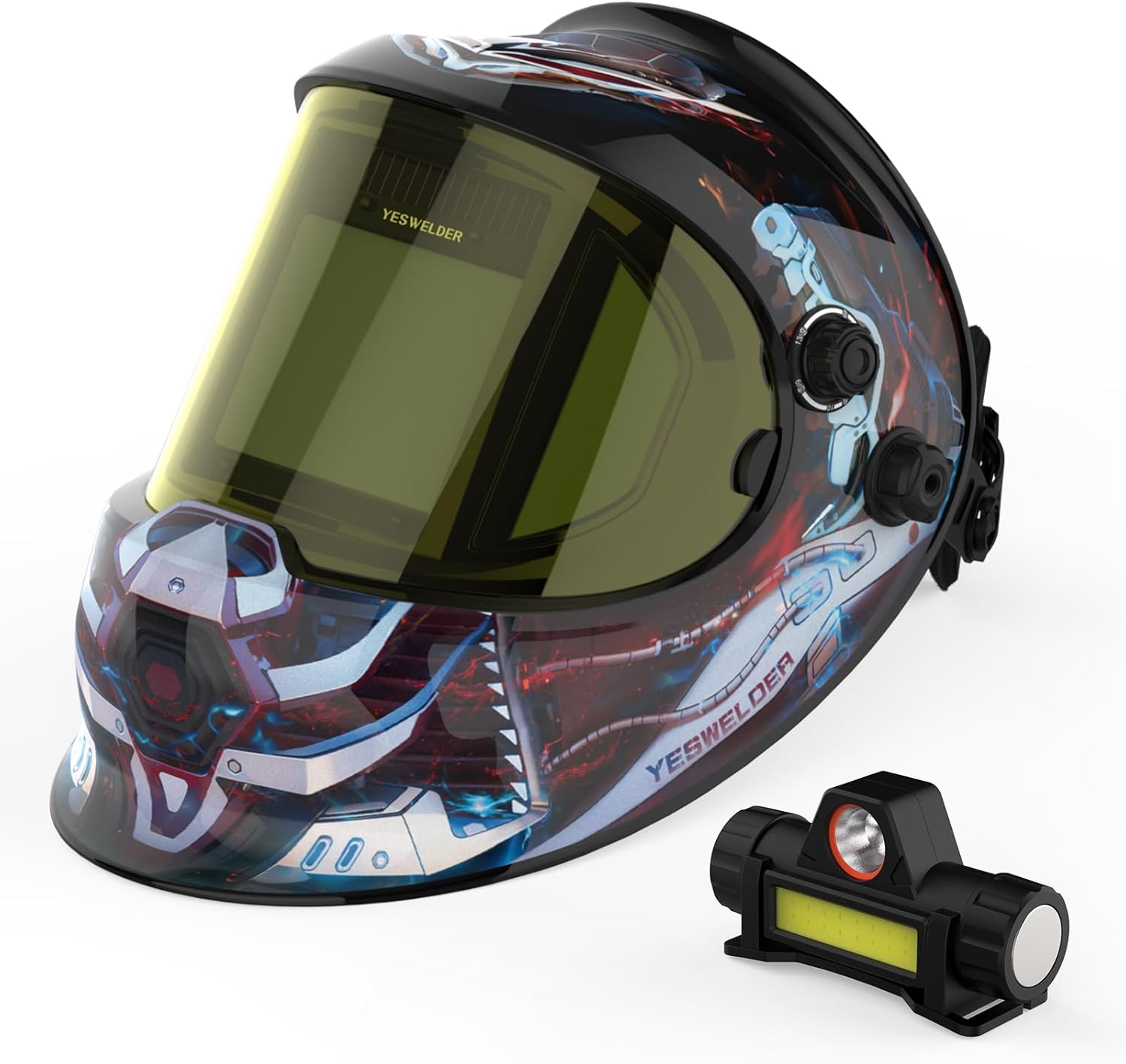 YESWELDER Large Viewing True Color Solar Powered Auto Darkening Welding Helmet with Side View & Rechargeable Welding Helmet Light