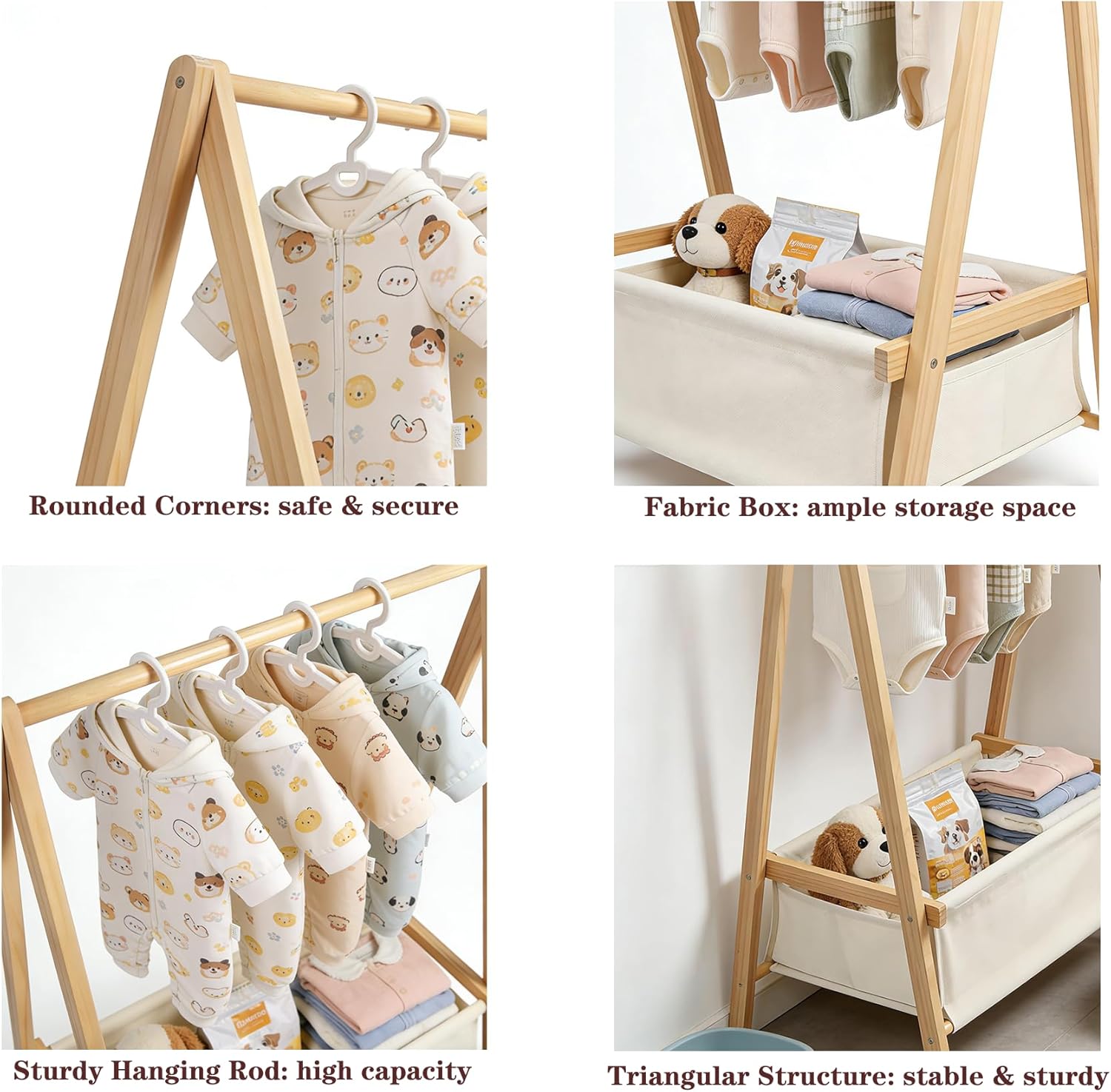Baby Clothing Rack for Baby Shower, Pets Clothes Rack with Storage Box & Hanging Rod for Dogs/Cats, Mini Dolls Closet Rack, Wooden Baby Shower Rack for Nursery Room (Natural)