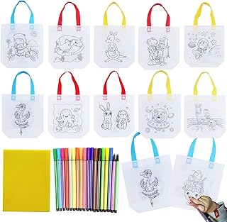 Manwetye 65 Pack Graffiti Goodie Bags for Kids Birthday Party Favors Art Class, Color Your Own Tote Bag,Eco Reusable Coloring Carnival Animal Art Party Goodie Bags(40 Bags +24 Color pens +1 pad) (B)