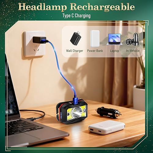 Miniatura 8 de Paquete de 2 faros delanteros  Linterna recargable superbrillante, relleno de calcetines para hombres, 8 modos con carga rápida USB-C, movimiento