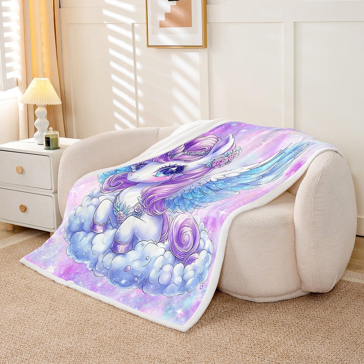 Unicorn Girls Fleece Flannel Blanket,Purple Unicorn Flowers Bed Blanket for Bed Sofa Couch,90"x90"Glitter Print Galaxy Sky Bed Plush Blanket,Dreamy Unicorn Wing Lightweight Blanket