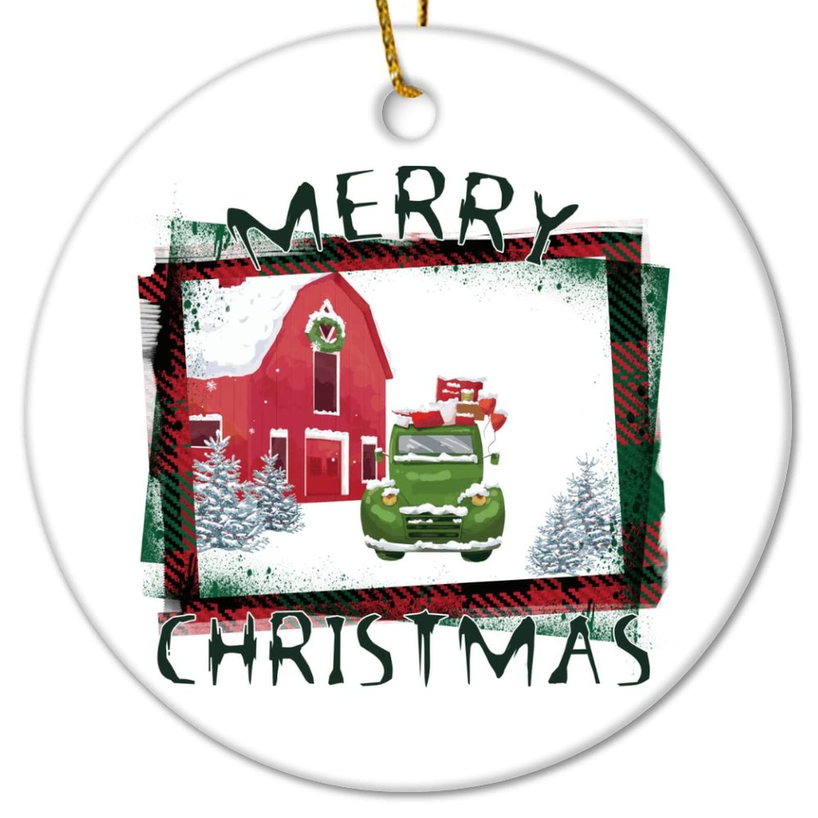 Adorno de cerámica de Navidad con diseño de casa de nieve, camión verde, adorno de cerámica de Navidad con texto en inglés "Merry Christmas", recuerdo de Navidad, divertido adorno de recuerdo de