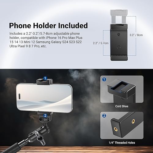 Miniatura 8 de NEEWER Brazo Mágico de 22" con Abrazadera de Escritorio, Montura de Cámara Superior con Brazo Articulado de Micrófono Boom 1/4" 3/8" Hilos para