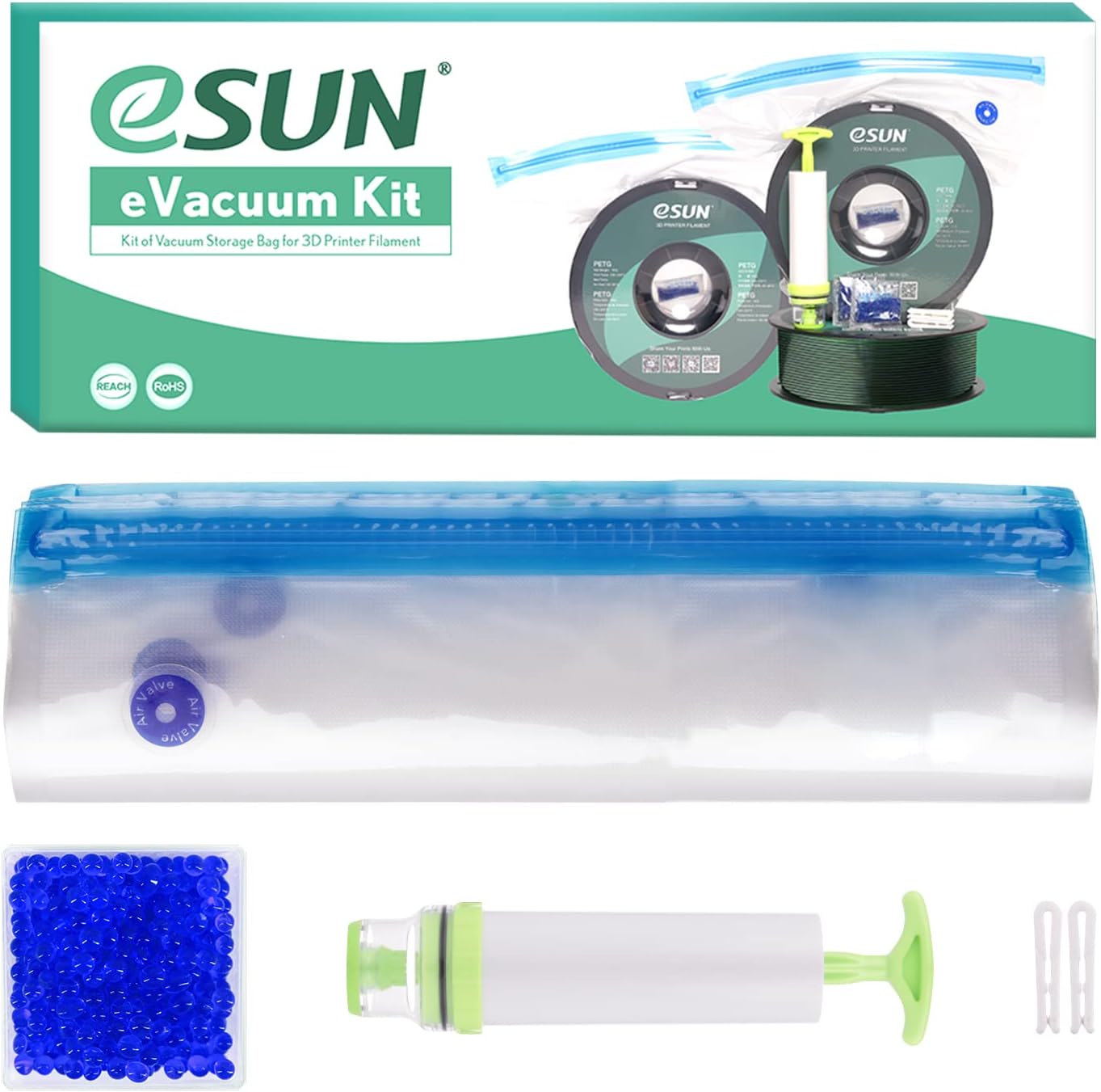 eSUN Vacuum Kit, 10pcs 3D Printer Filament Vacuum Compression Storage Bag with Manual Air Pump, Reusable Filament Moisture Proof Dry Vacuum Sealed Bag for Filament Storage, Discoloration Desiccant