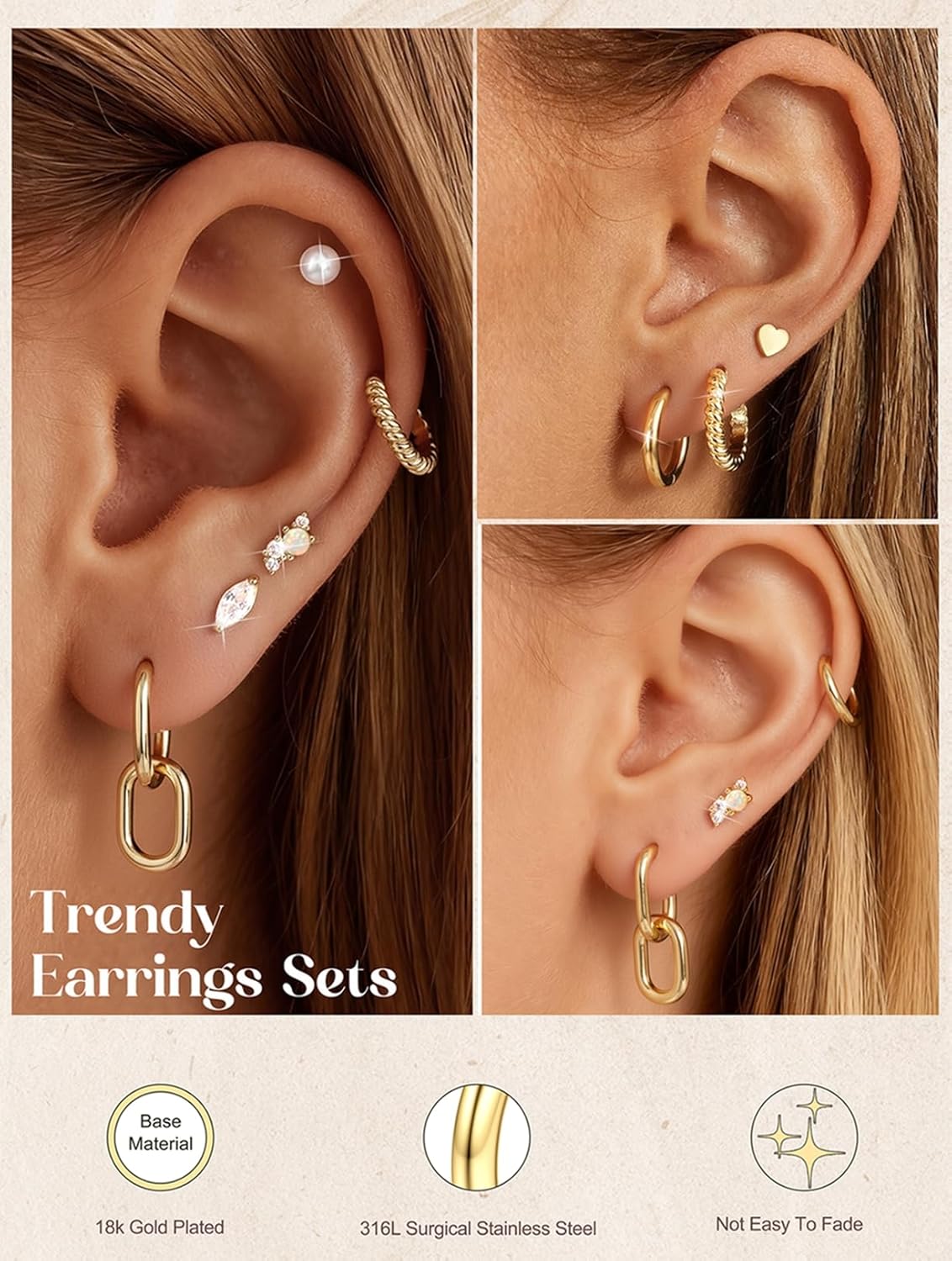 YADOCA 20G Hypoallergenic Flat Back Earrings For Women 18k Gold Plated Surgical Steel Cartilage Earring Stacks Hoop Earring Sets For Multiple Piercing Small Stud Earrings For Women (Gold/Silver) - Image 2