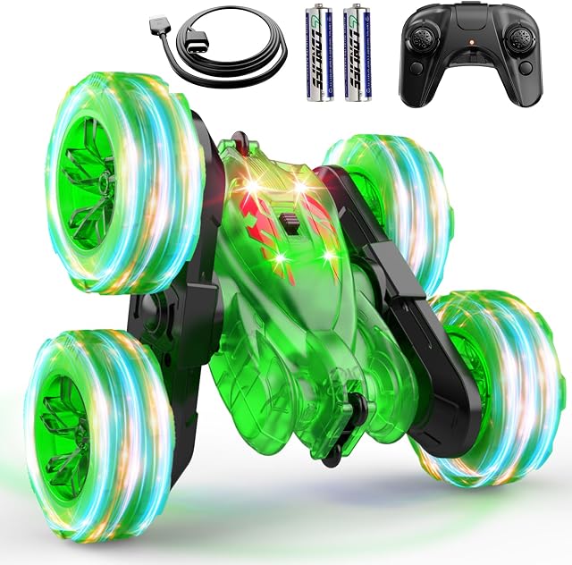 Télécommande Charge directe rapide rechargeable de voiture RC Voitures pour enfants avec lumière colorée, à double choix 360° Rotation RC Voiture stupide 4WD RC Truck Car Toys pour les enfants de 5 à 7 ans Cadeau pour les filles de 8 à 12 ans vert
