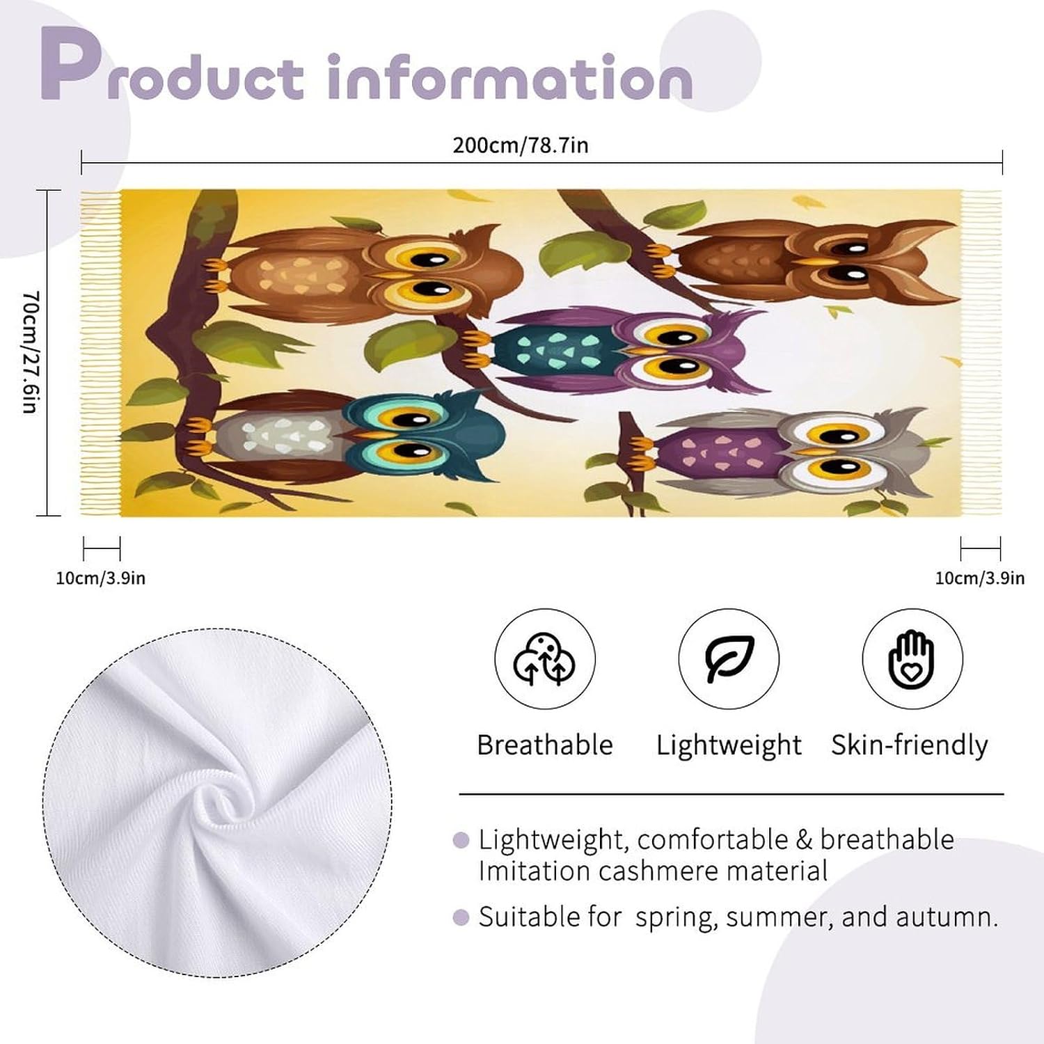 Owls Birds Scarf for Women Men Soft Warm Fashion Blanket Scarves Classic Cashmere Feel Scarf Long Shawl Large Scarves Cold Weather Thick Blanket Scarfs
