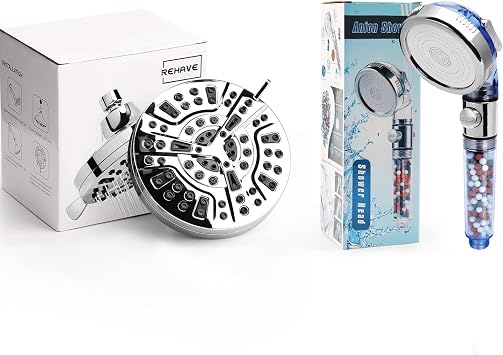 Shower Head, REHAVE Rainfall ShowerHead, 5.1 Inches High-Pressure with 63 Jets 8 Spray Modes + Filtered Shower Head,REHAVE Jetting Shower Sprayer,High Pressure 3 Mode,Handheld Spray