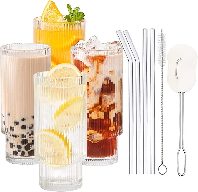 Ribbed Glassware 4pcs Set, Ribbed Drinking Glasses 16 oz with