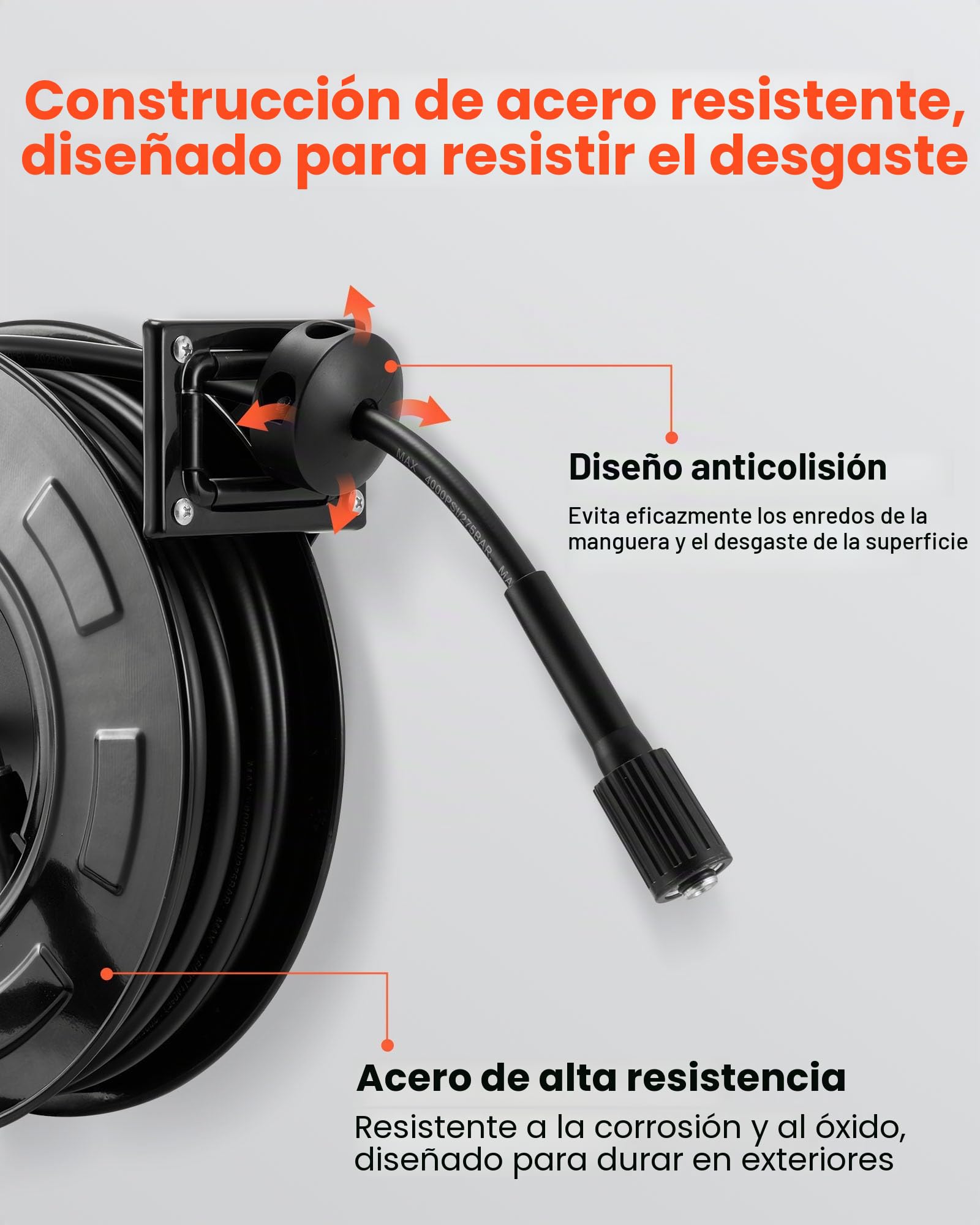 VEVOR Carrete de Manguera para Hidrolavadora 18,3 m x 6,4 mm, Retráctil de Acero, para Pared y Suelo, Presión de 275,8 bar, Rebobinado Automático para Lavado de Coches, Suelos y Jardines, Negro