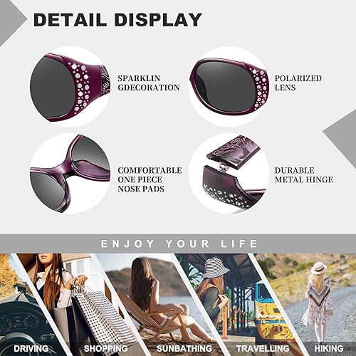 Vista 3 de HAOLOTA Gafas de sol polarizadas para mujer, lentes de sol envolventes con diamantes de imitación con protección UV400