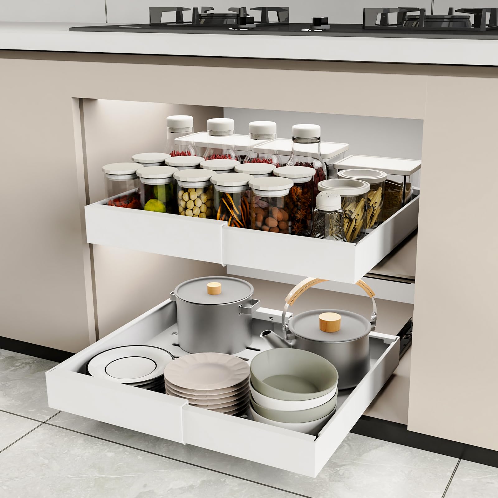 2 Stück erweiterbar ausziehbare schublade küche mit Kleber, Tiefe 42cm schrank organizer, Slide Out teleskopschublade Cabinet für Küche Organisation Einstellbare Breite 32-52cm, Weiß