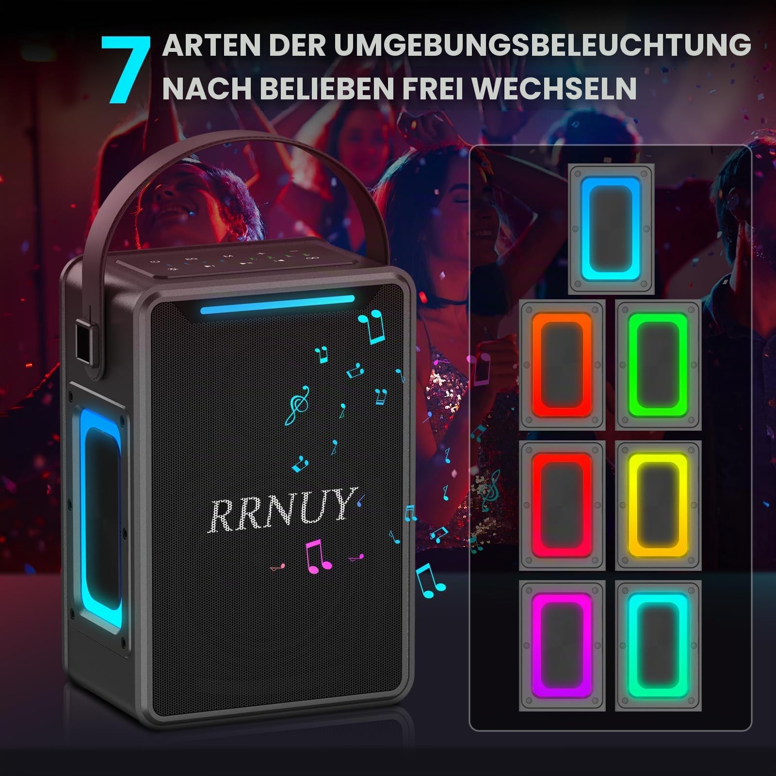 Tragbarer Bluetooth Lautsprecher 60W, IPX6 wasserdichter kabelloser Speaker mit kräftigem Bass, TWS Kopplung, DSP Stereo Sound, LED Licht – für Zuhause, Party, Camping, Strand (Schwarz, Schwarz)