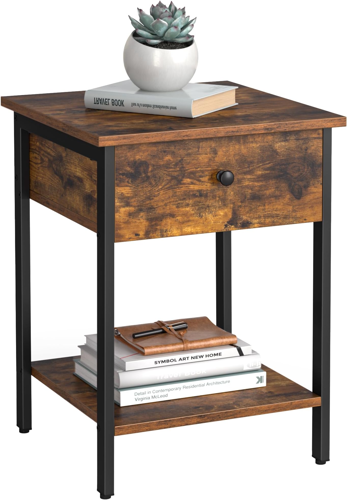 VASAGLE VINCYER Nightstand, End Table, Side Table with Drawer and Shelf, Bedroom, Living Room, Easy Assembly, Metal, Industrial Design, Rustic Brown ULET55BX