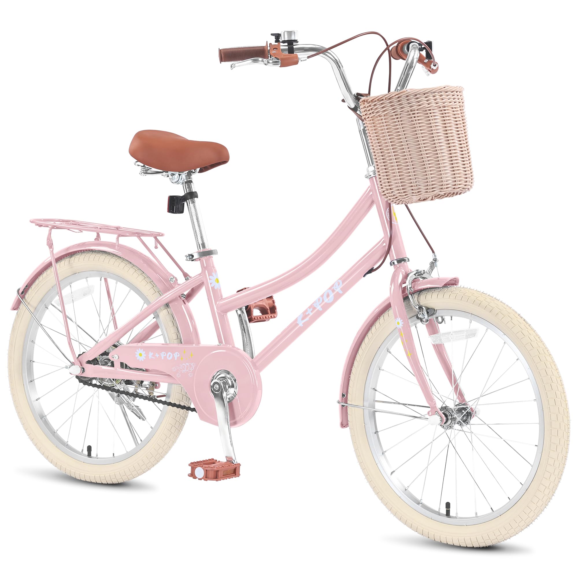 Girls Bike with Basket for 5-13 Years, 20 Inch Kids Bicycle with Bell- Princess Girls Kids Bike,Single Speed Girls Bikes with Carbon Steel Frame and Adjustable Seat Height
