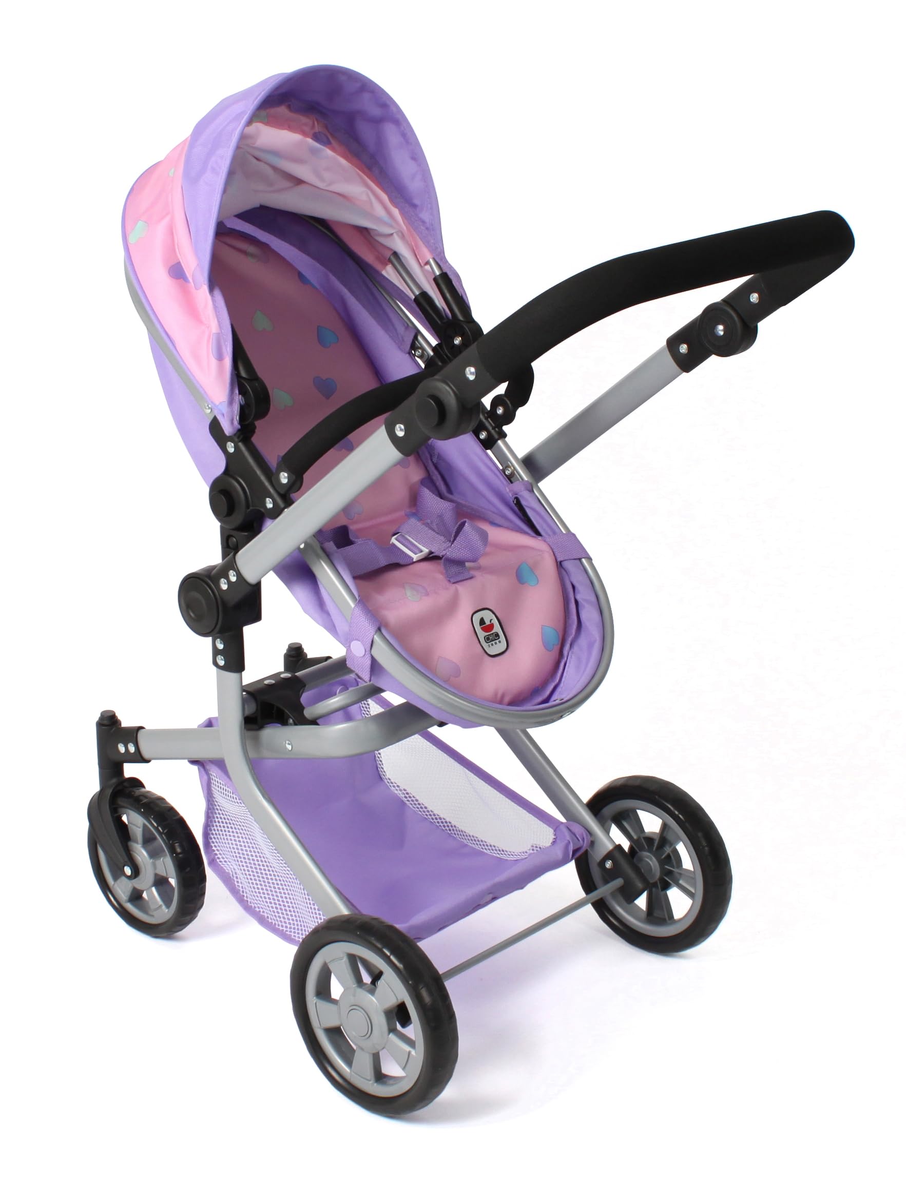 Bayer Chic 2000® Mika wózek dla lalek 2 w 1, fioletowe serduszka, składany, uchwyt z regulacją wysokości 47-80 cm, nowoczesny stelaż, lalki do 52 cm, 4-8 J.