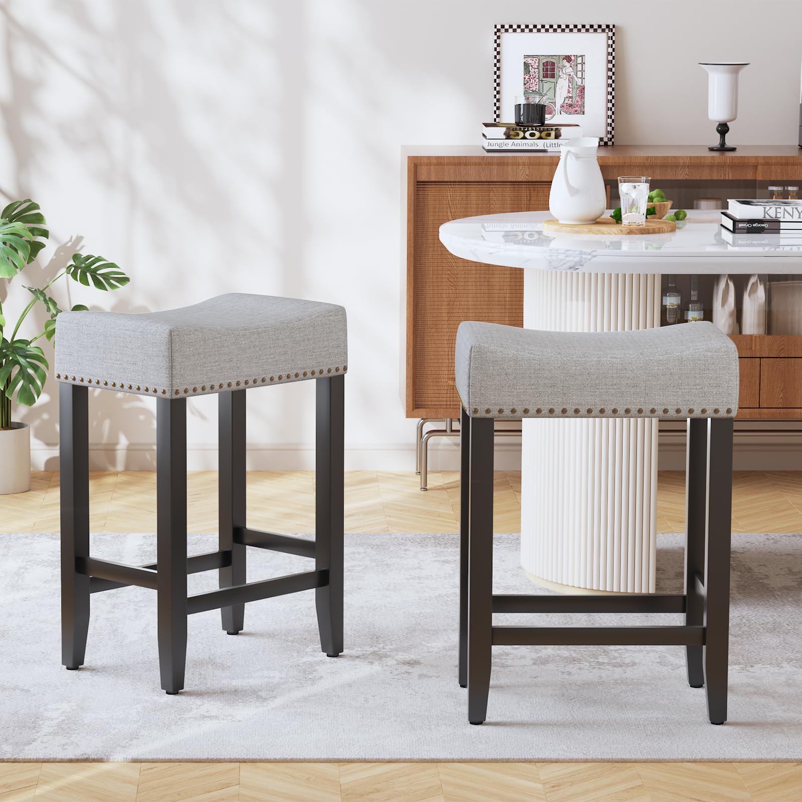 Set di 2 Sgabelli da Bar, Sgabelli da Bar ad Altezza Bancone Sgabello da Sella Alto da 65.5cm, Sedia Trucco Cucina in Lino, Poggiapiedi per Sala da Pranzo, Cucina ad Isola, Caffetteria, Grigio