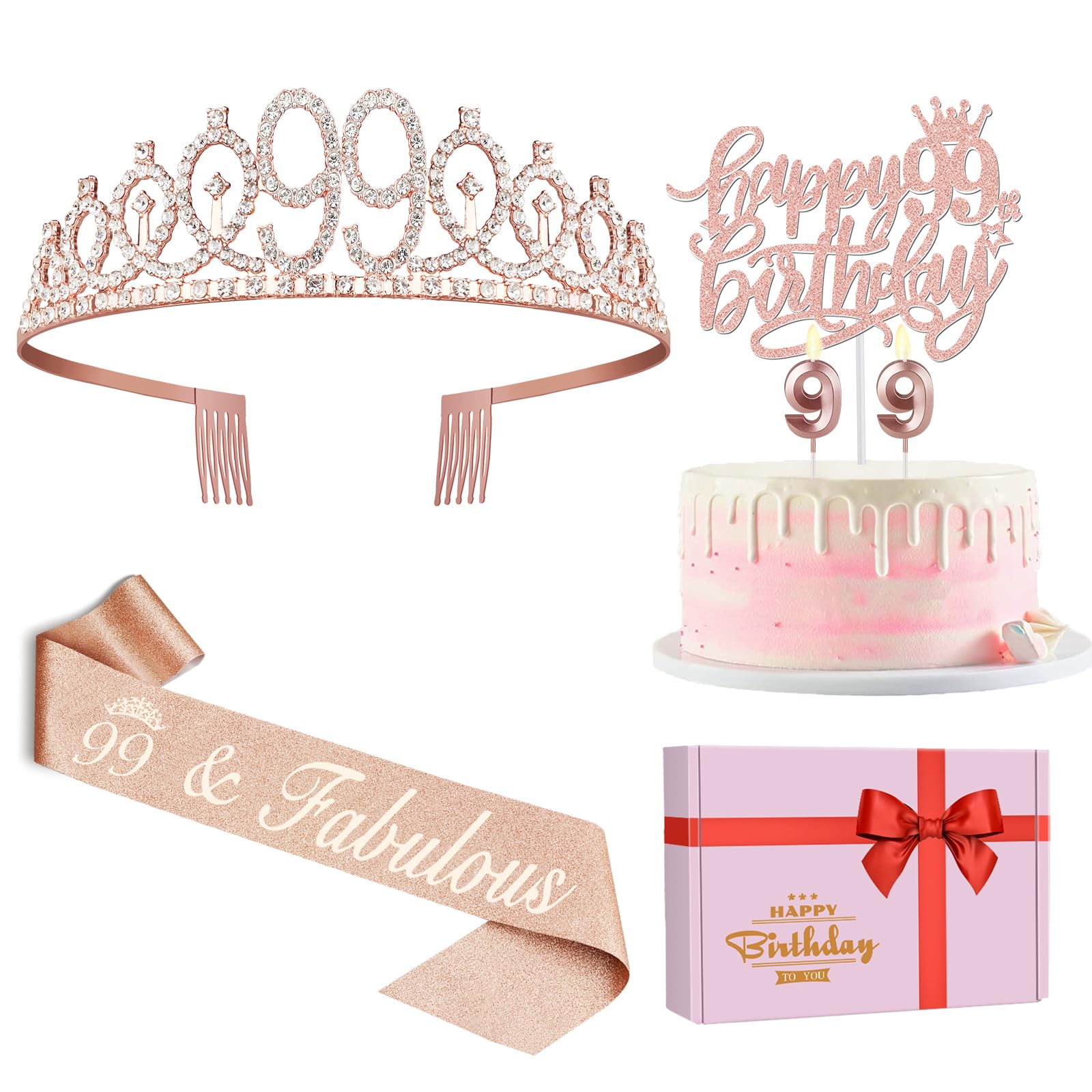 99th Birthday Decorations for Women Including Birthday Sash and Tiara, Candles and Cake Topper, Gifts for 99 Year Old Woman, Rose Gold Party Decor Supplies
