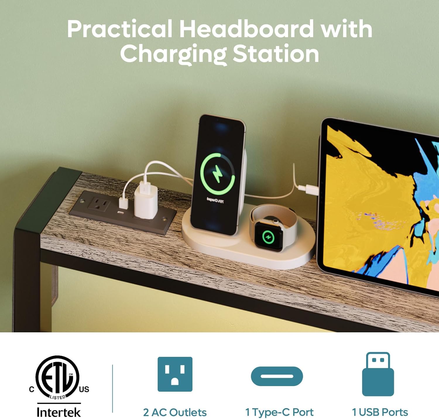 Bestier Twin Bed Frame with Storage Headboard and Charging Station, Grey Platform Bed Frame with LED Light, Non-Slip Metal Bed Frame, Noise-Free, Easy Assembly