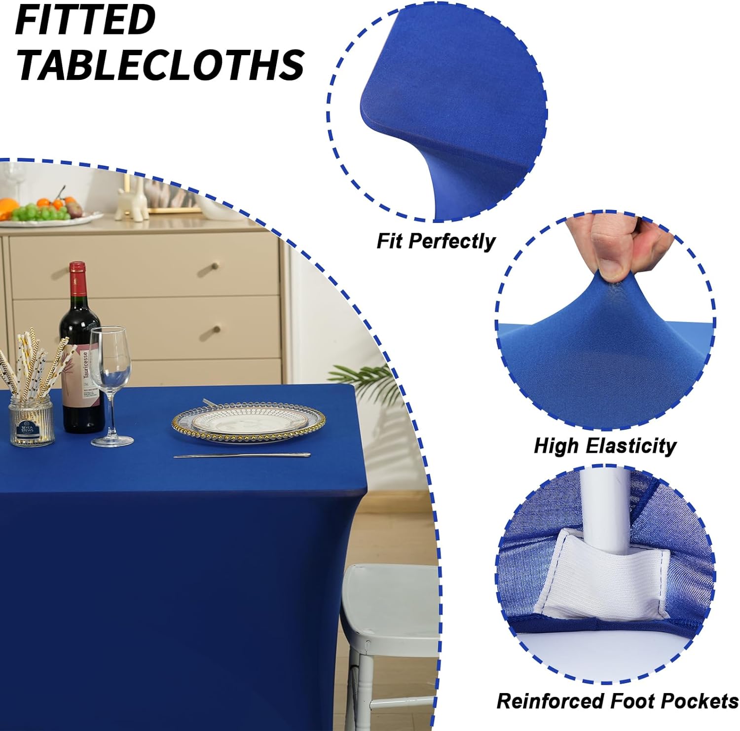 Fixwal 3 Pack Royal Blue Table Cloths Rectangle 6FT, Tablecloths Rectangular Stretch Spandex Fitted Table Covers 6 FT for Parties, Trade Shows, Weddings, Buffet, Graduation Decorations, Vendor Stand