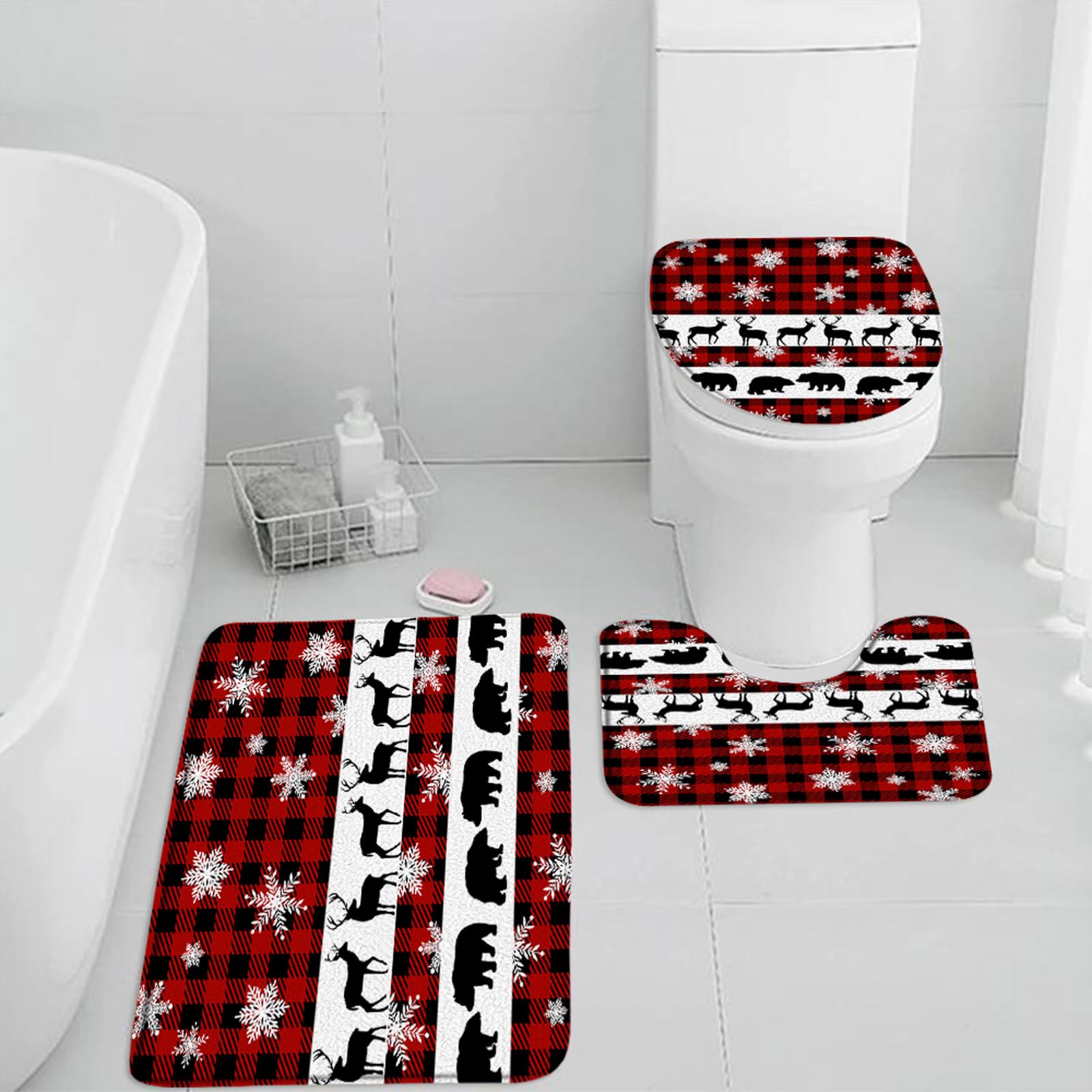 3-Piece Christmas Buffalo Plaid Bath Mat Set – Non-Slip, Absorbent Red & Black Toilet Mat, Lid Cover & Rug