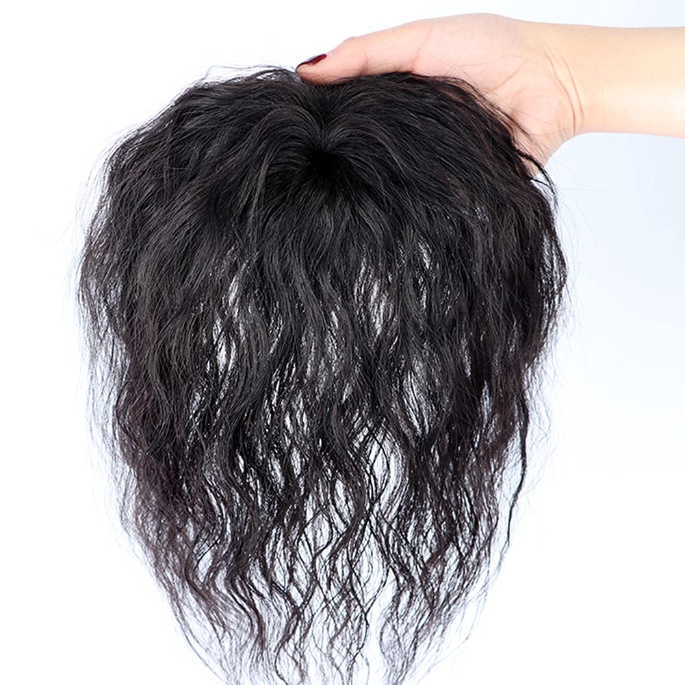 YYDS Fluffy Messy Human Hair Topper Wig with bangs Increase the amount of hair on the top of the head to cover the white hair Hairpiece (14x15 15CM Dark Brown)