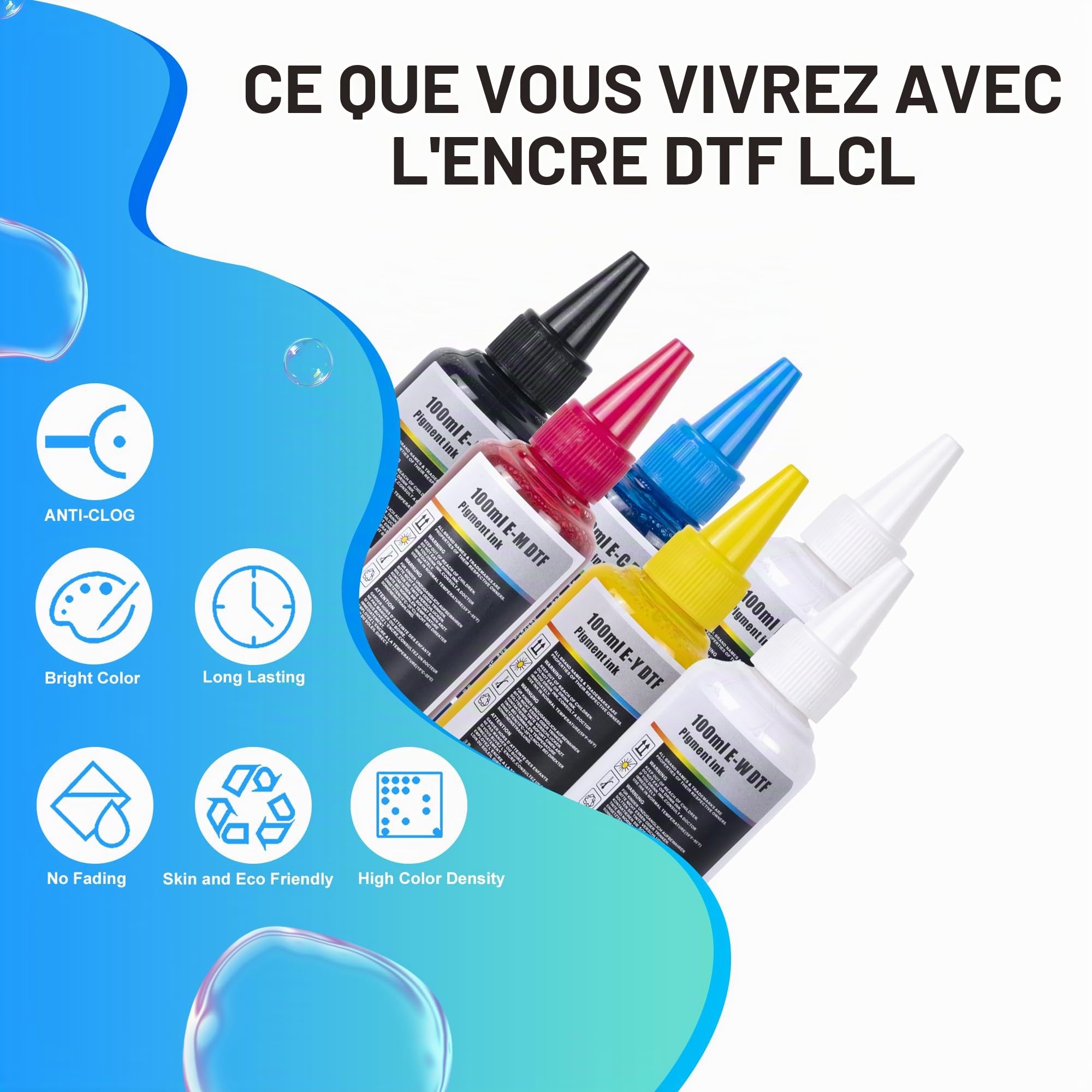 LCL 600ML Recharge d'encre DTF Premium Compatible pour Epson Impression de Film de Transfert Thermique Compatible pour Epson L800L1800 L805 R1390 4720 I3200 XP600 DX7 DX5 5113 (100ml x 6, CMYK 2WH)
