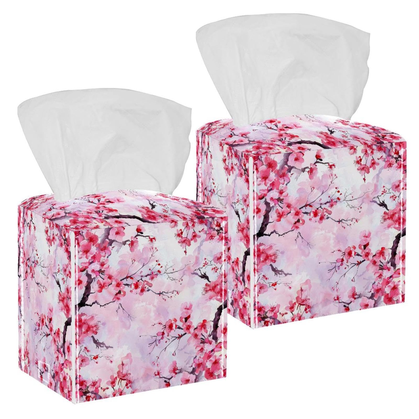 Cherry Blossoms Tissue Box Cover, 2 Pack PU Leather Square Facial Tissue Dispenser Box holder for Home Office Car