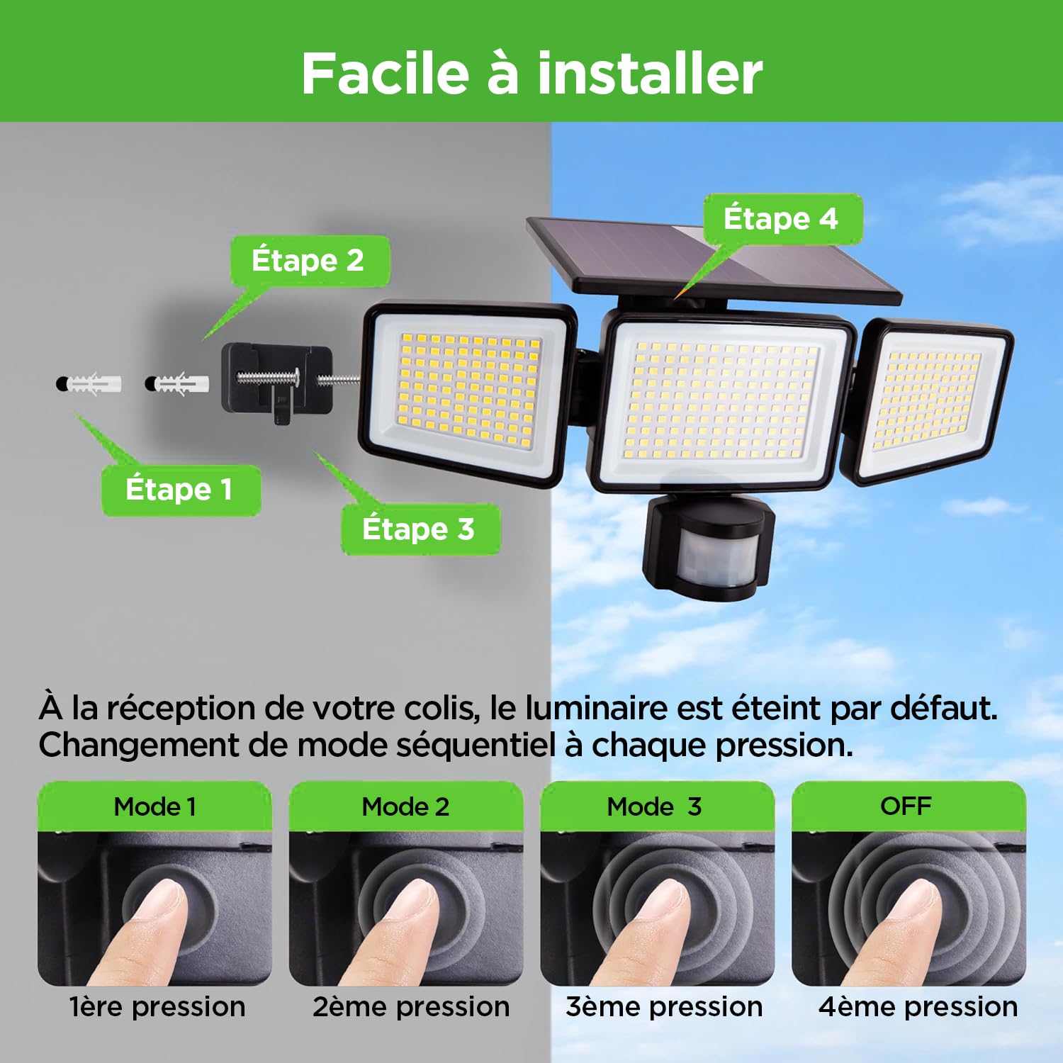 UME Lampe Solaire Extérieure, 302 LED, 1500 lm, Imperméable, Détecteur de Mouvement, Projecteur 3 Têtes, Angle d’éclairage large 270°, 3 Modes d’éclairage, Luminaire Extérieur pour Jardin