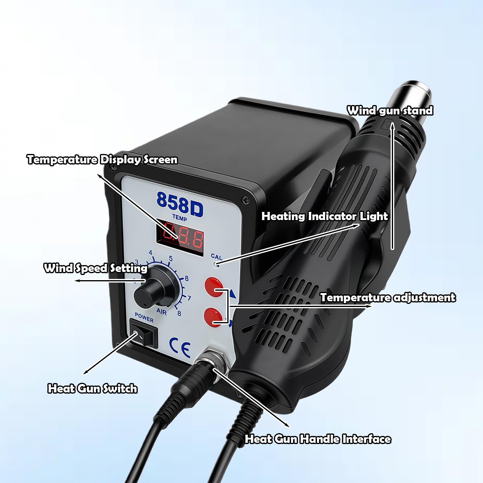 Stazione di saldatura ad aria calda 858D, 700 W, con display digitale, stazione dissaldante SMD, stazione di saldatura ad aria calda con temperatura regolabile 100 – 450 °C, 3 ugelli, funzione di
