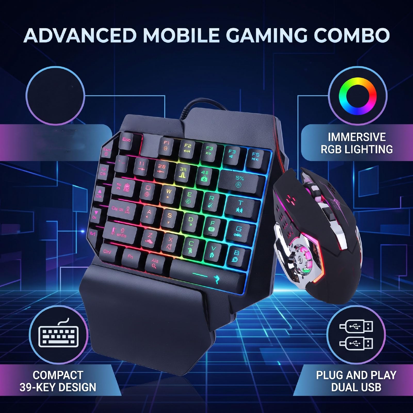 Combo Clavier et Souris de Jeu à Une Main