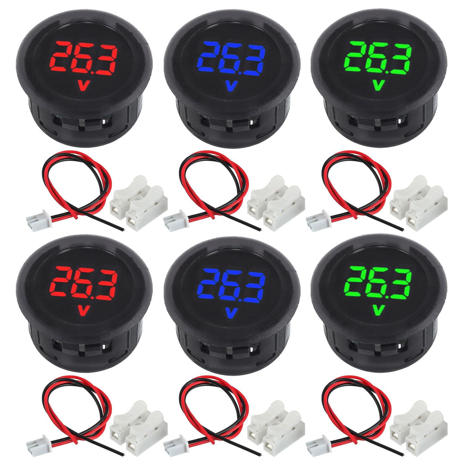 JAMHER 6 Pack DC 4-100V Digital Voltmeter, 2-Wire 3-Digit LED Display with Anti-Connection Protection for Cars Vehicles Motorcycles Boats (Red & Blue & Green)