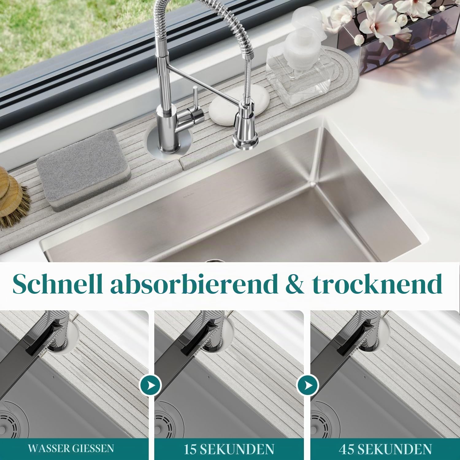Spritzschutz für die Küche, Möbelschutz für Spülbecken aus Diatomeenerde, Spülbeckenmatte, Matte für Küchenspüle für Badezimmerarbeitsplatten [Weiß 60x10cm]