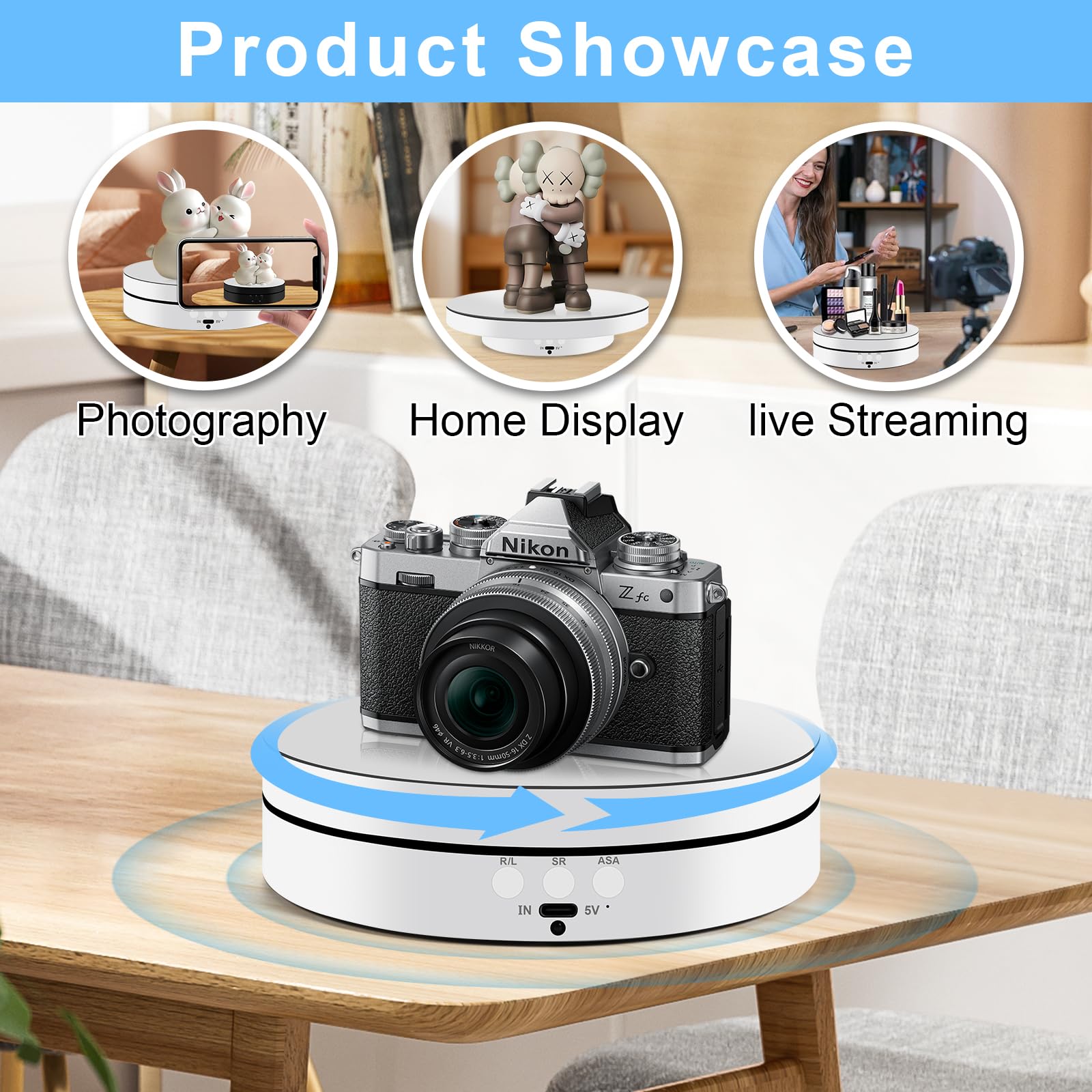 Plateau Tournant Électrique, 360° Présentoir Motorisé pour Bijoux, Montres, Produits Numériques, avec 2 Panneaux de Fond et Télécommande, Idéal pour Vidéos et Réseaux Sociaux (Blanc)