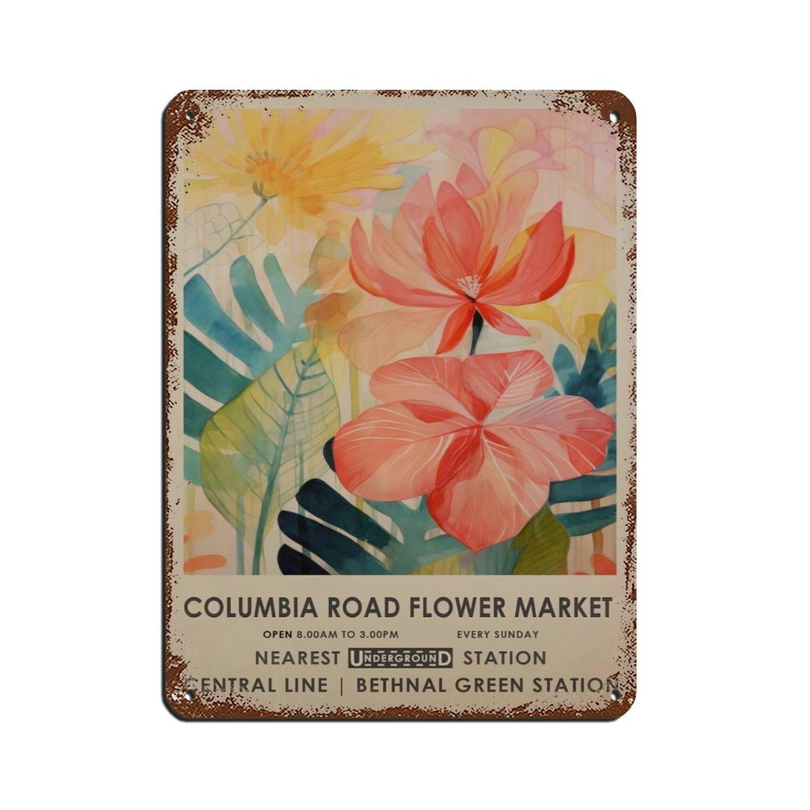 Columbia Road Flower Market,tropical Botanical Art Tin Sign Vintage Metal Pub Club Cafe Bar Home Wall Art Decoration Poster Retro 12x16inch(30x40cm)