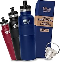 HiLo sports 600 ml Fahrradflasche Edelstahl Isoliert - Für Kunststoff Flaschenhalter - [Pulver Beschichtetes Edelstahl] - Fahrrad Trinkflasche mit 2 Verschlüssen - Thermo Radflasche